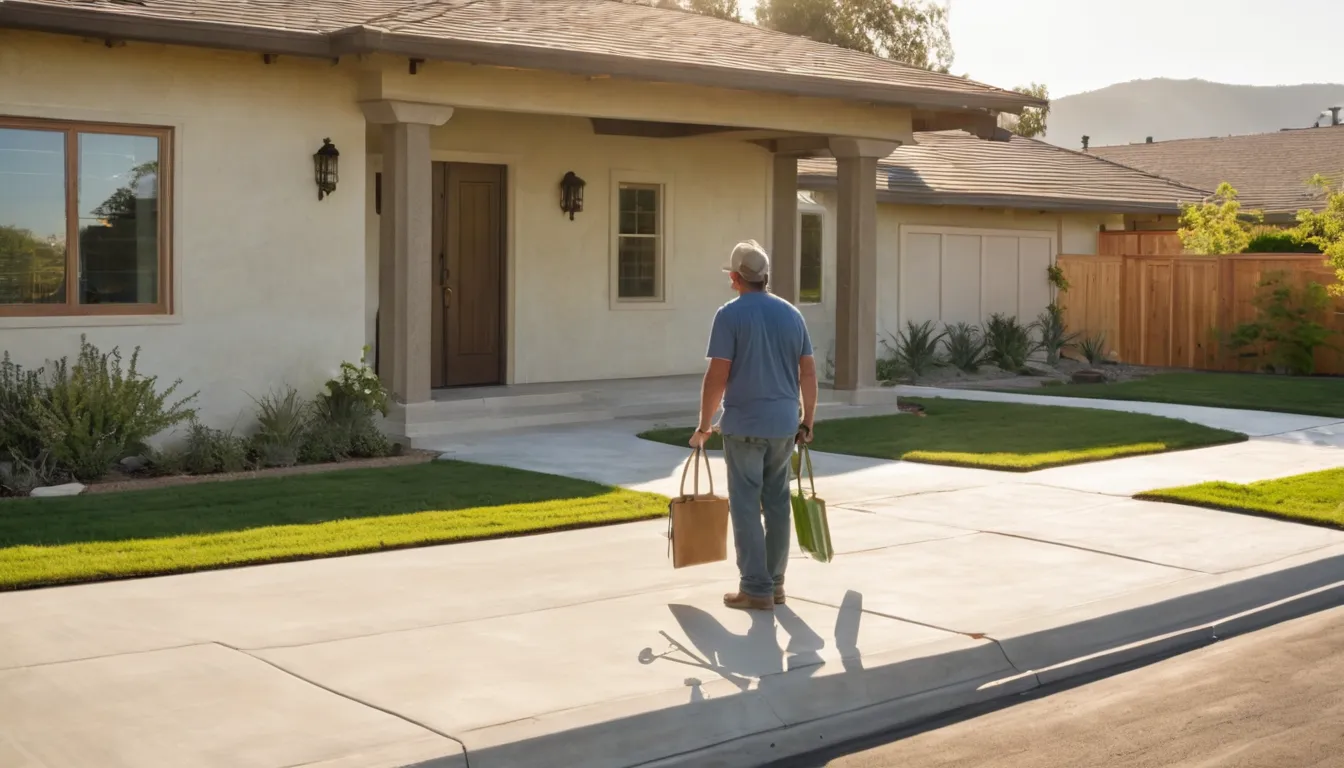 Fresh broom-finished concrete driveway at a stucco ranch home in Saratoga